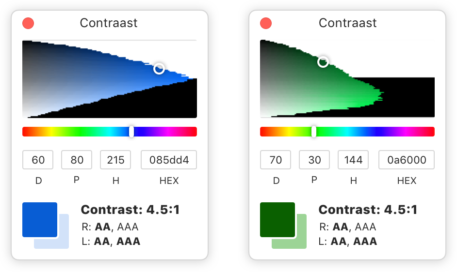 Example mockups showing color pickers with color contrast details